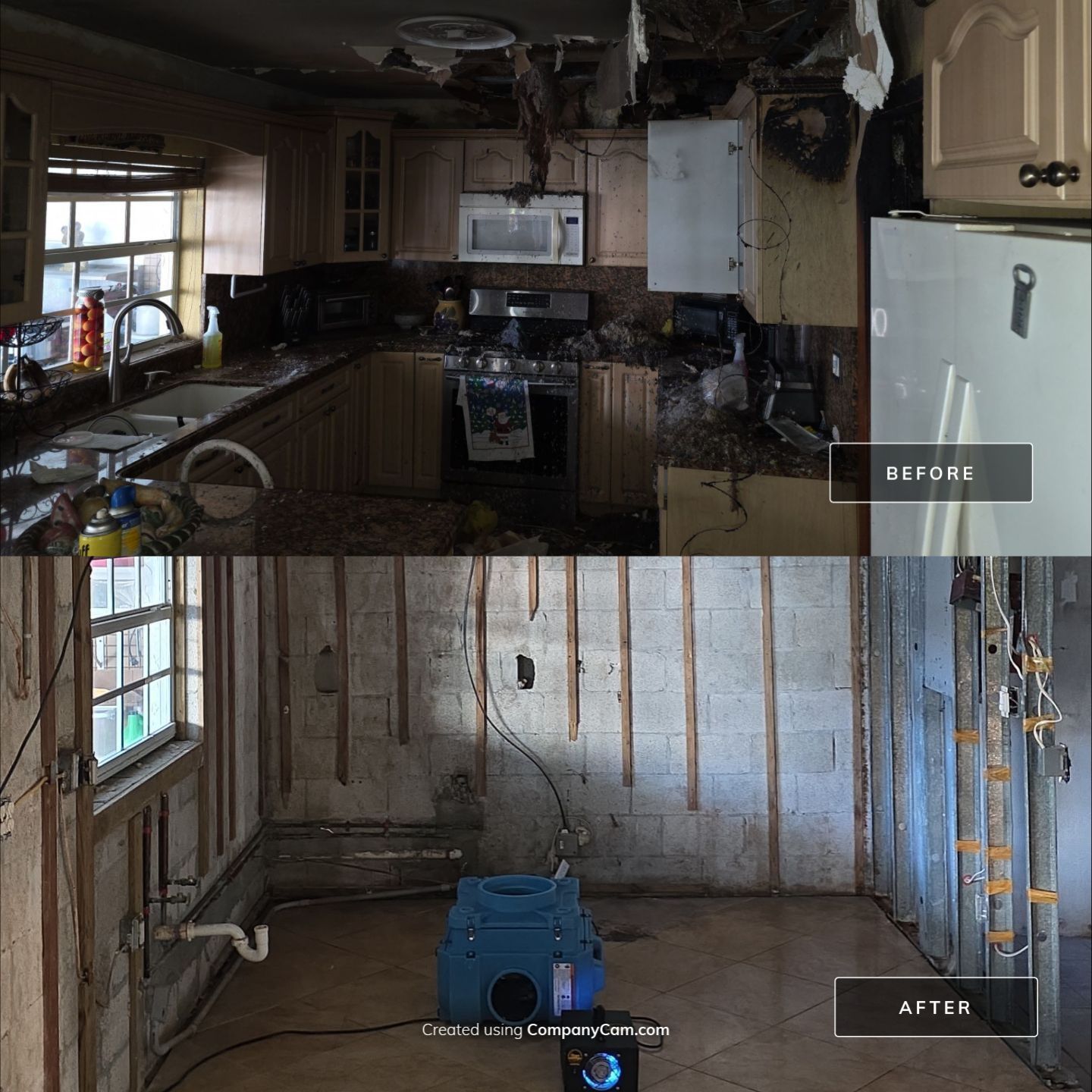 Before and after kitchen fire damage — destroyed kitchen gutted and restored to bare walls